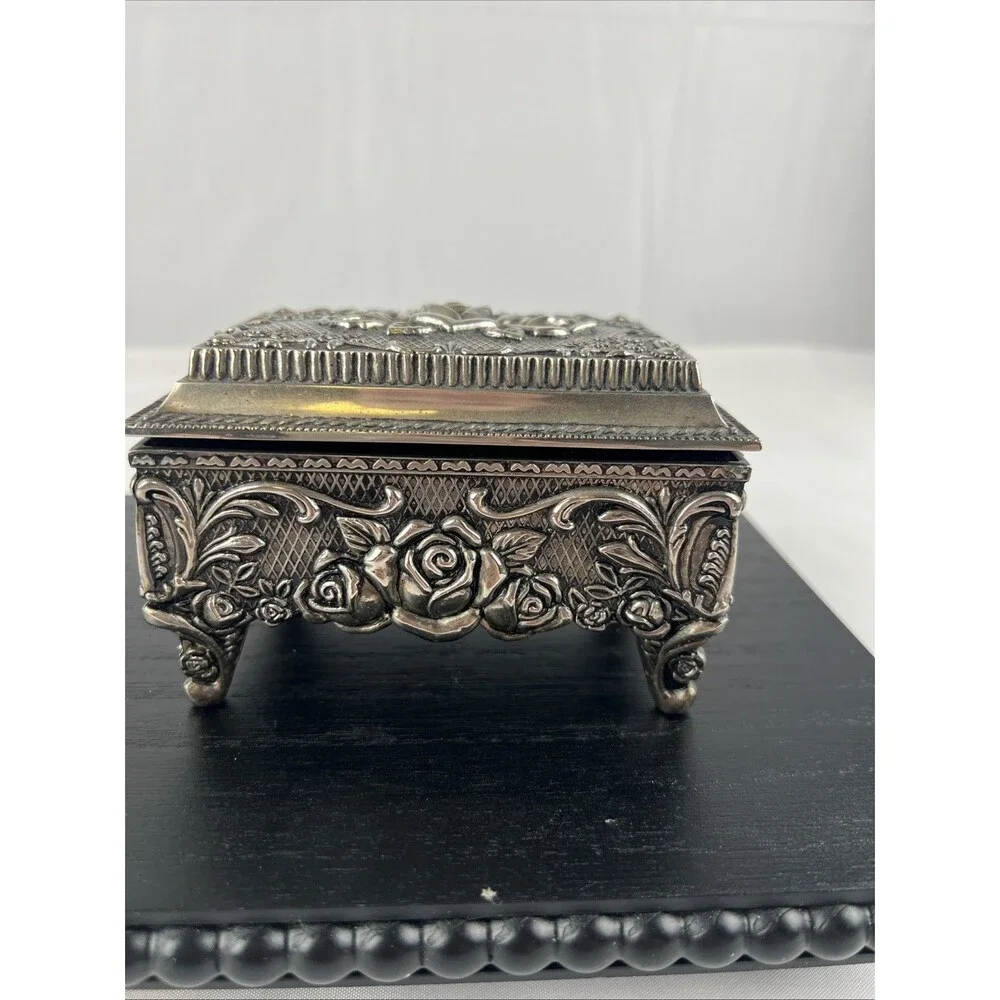 Silver Plated Pewter Rose Jewelry Box Trinket Box Velvet Lined Footed Vintage